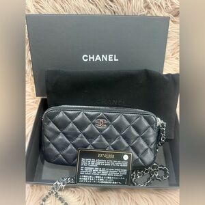 ❤️CHANEL Double Zip Clutch Black Quilted Leather Wallet with box, card and pouch